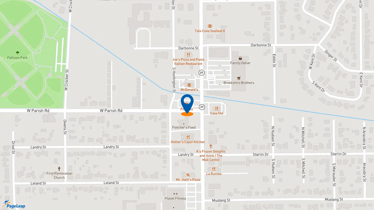 https://pageleap.com map showing location of Popeyes Louisiana Kitchen in Sulphur.