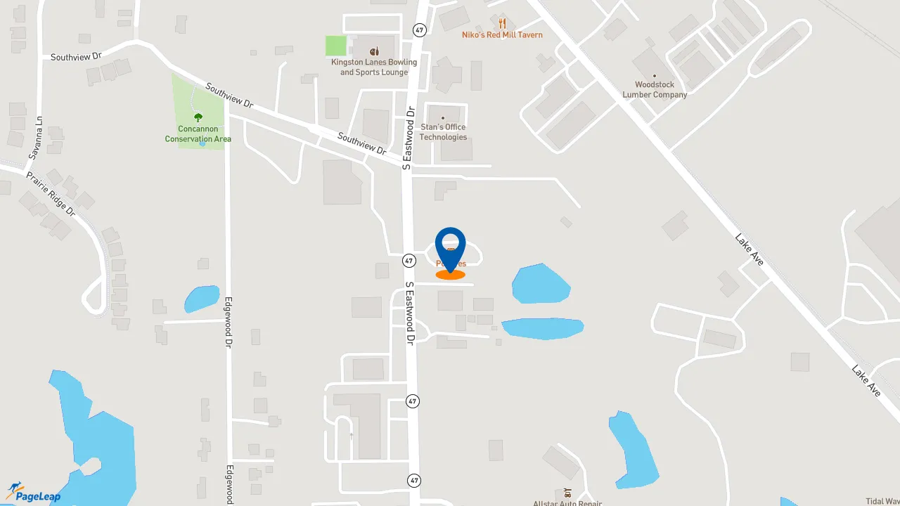 https://pageleap.com map showing location of Popeyes Louisiana Kitchen in Woodstock.