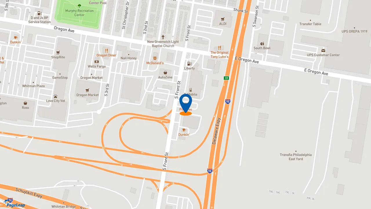 https://pageleap.com map showing location of Popeyes Louisiana Kitchen in Philadelphia.
