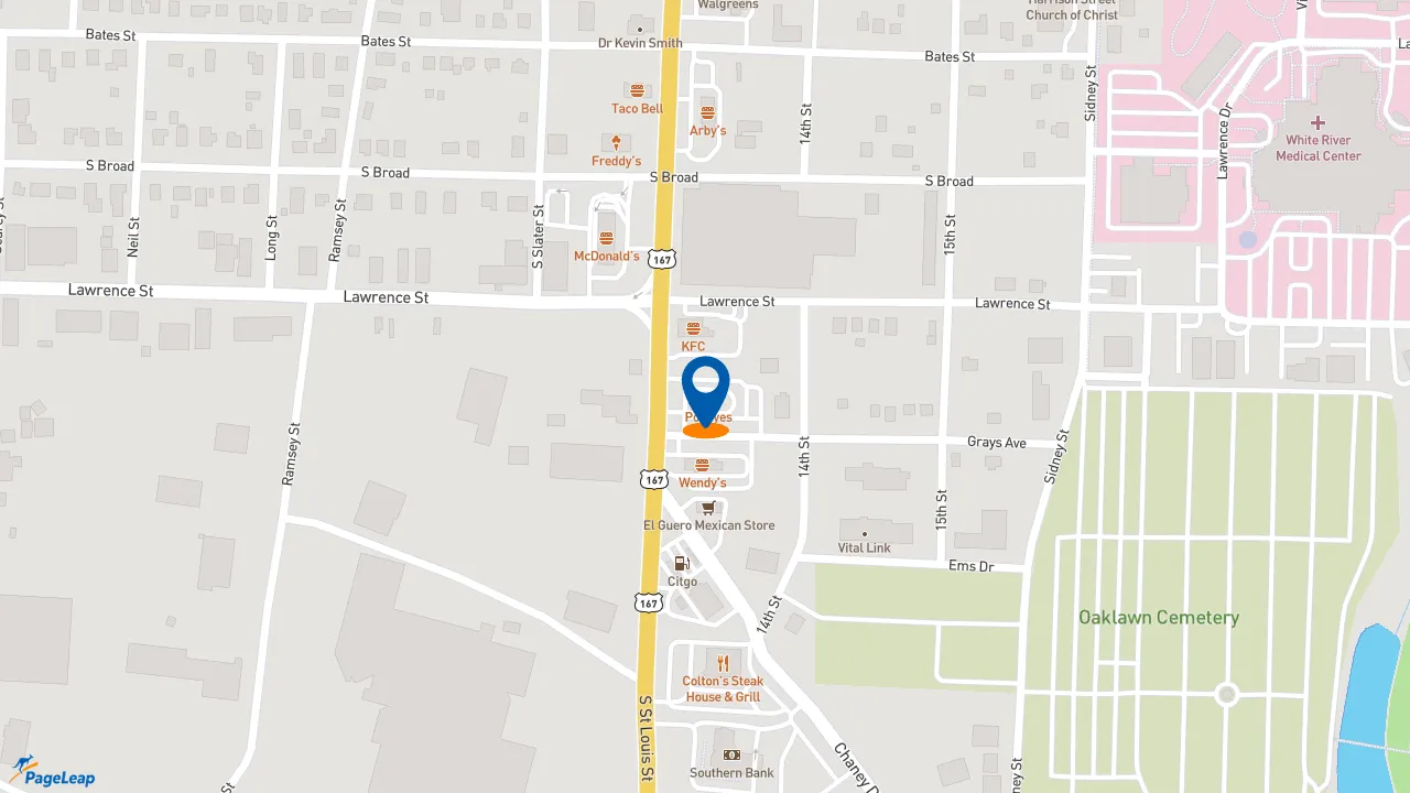 https://pageleap.com map showing location of Popeyes Louisiana Kitchen in Batesville.