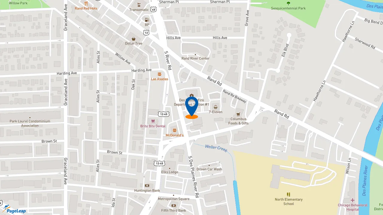https://pageleap.com map showing location of Popeyes Louisiana Kitchen in Des Plaines.