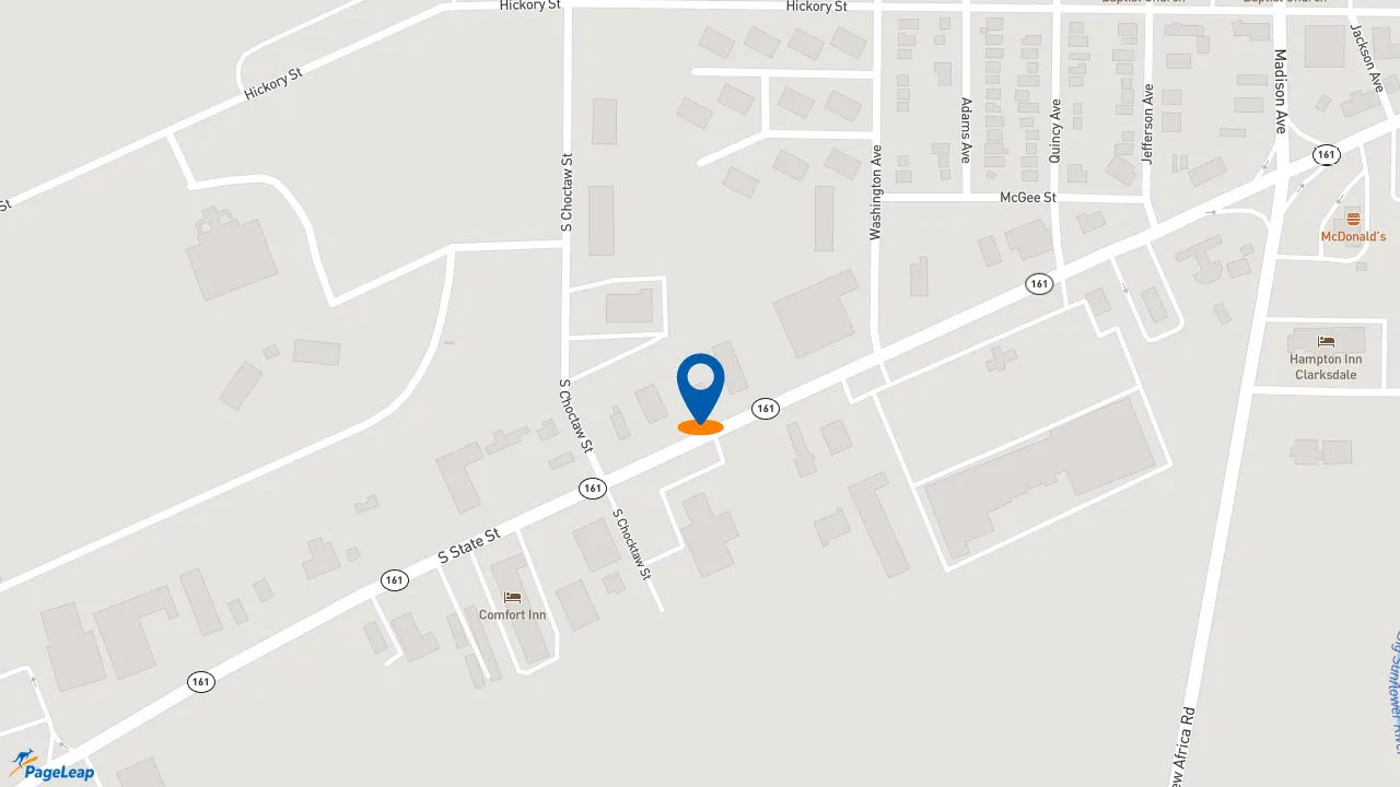 https://pageleap.com map showing location of Popeyes Louisiana Kitchen in Clarksdale.