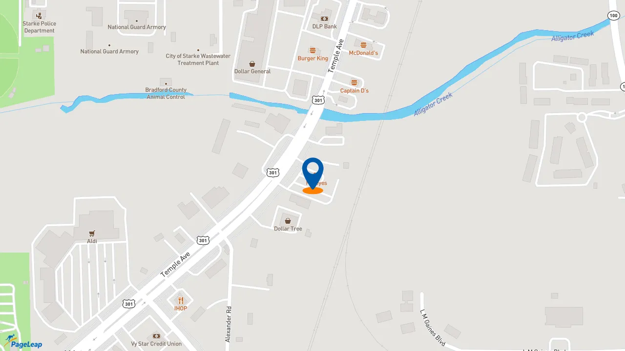 https://pageleap.com map showing location of Popeyes Louisiana Kitchen in Starke.