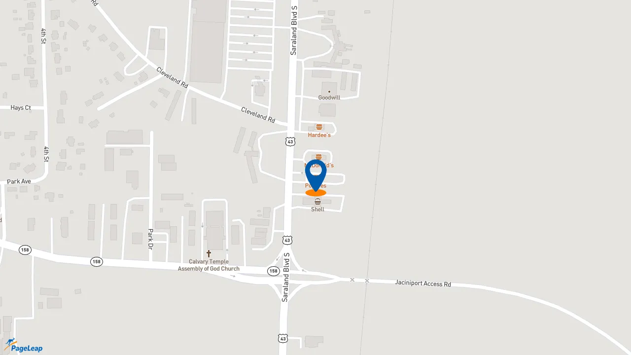 https://pageleap.com map showing location of Popeyes Louisiana Kitchen in Saraland.