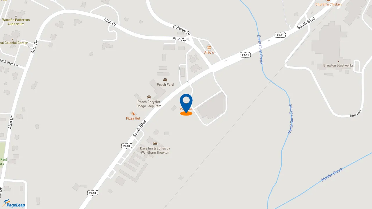 https://pageleap.com map showing location of Popeyes Louisiana Kitchen in Brewton.