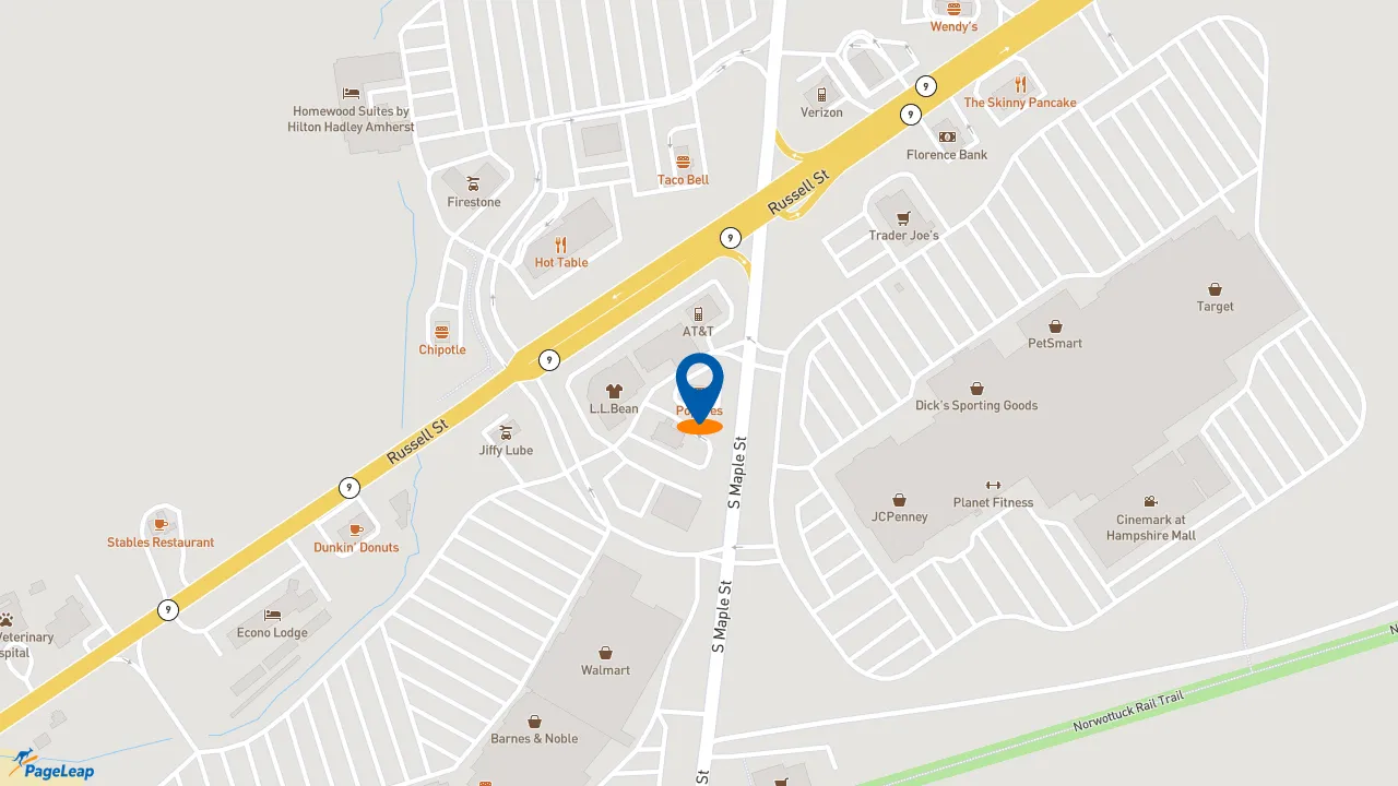 https://pageleap.com map showing location of Popeyes Louisiana Kitchen in Hadley.