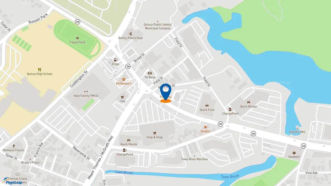 https://pageleap.com map showing location of Popeyes Louisiana Kitchen in Quincy.
