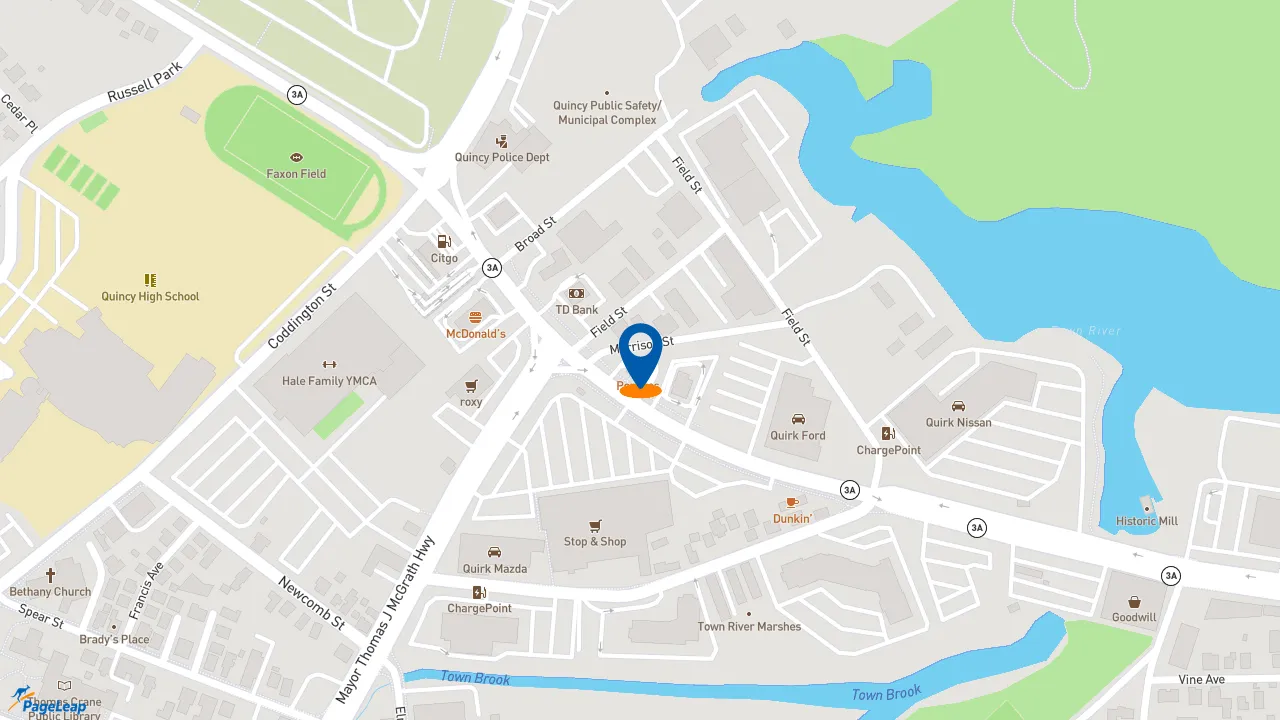 https://pageleap.com map showing location of Popeyes Louisiana Kitchen in Quincy.