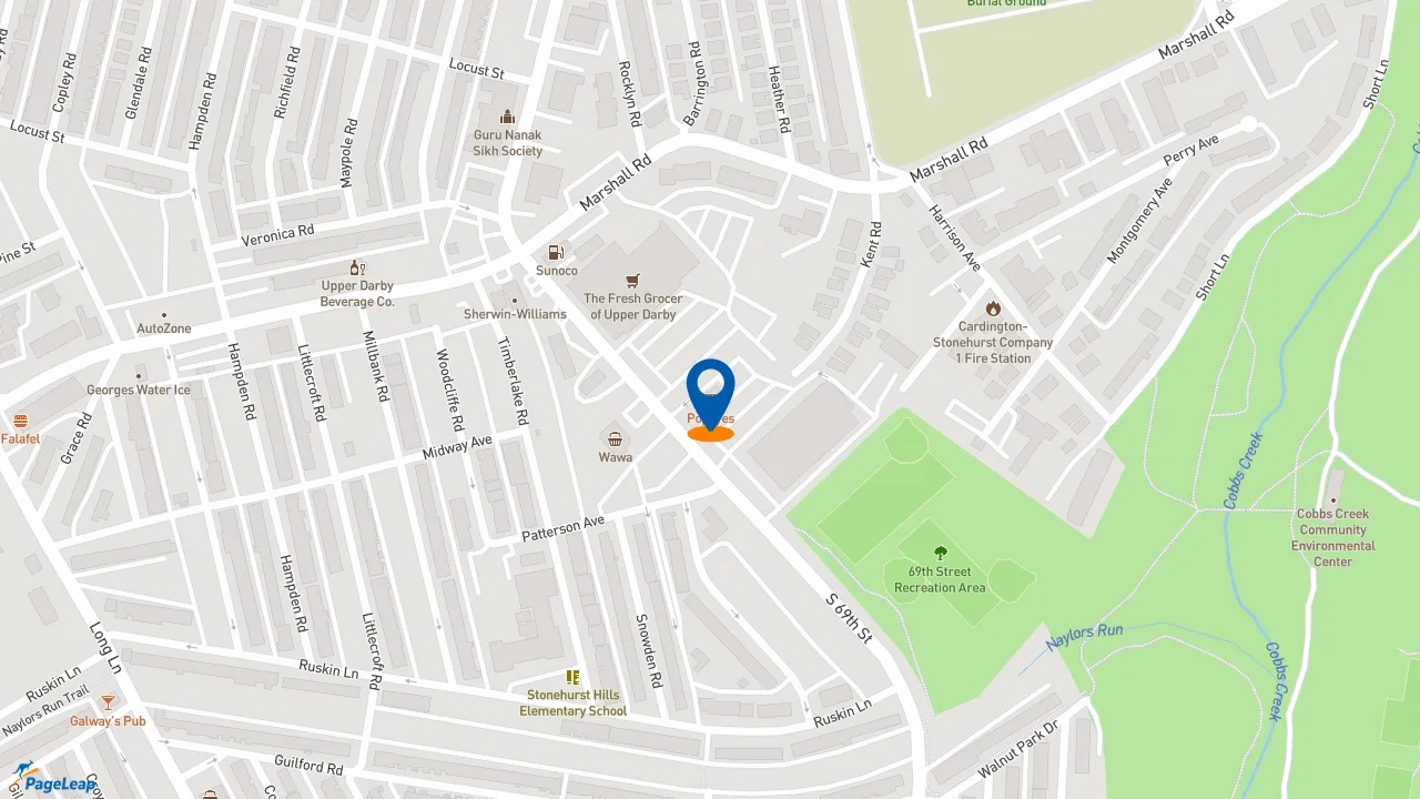https://pageleap.com map showing location of Popeyes Louisiana Kitchen in Upper Darby.
