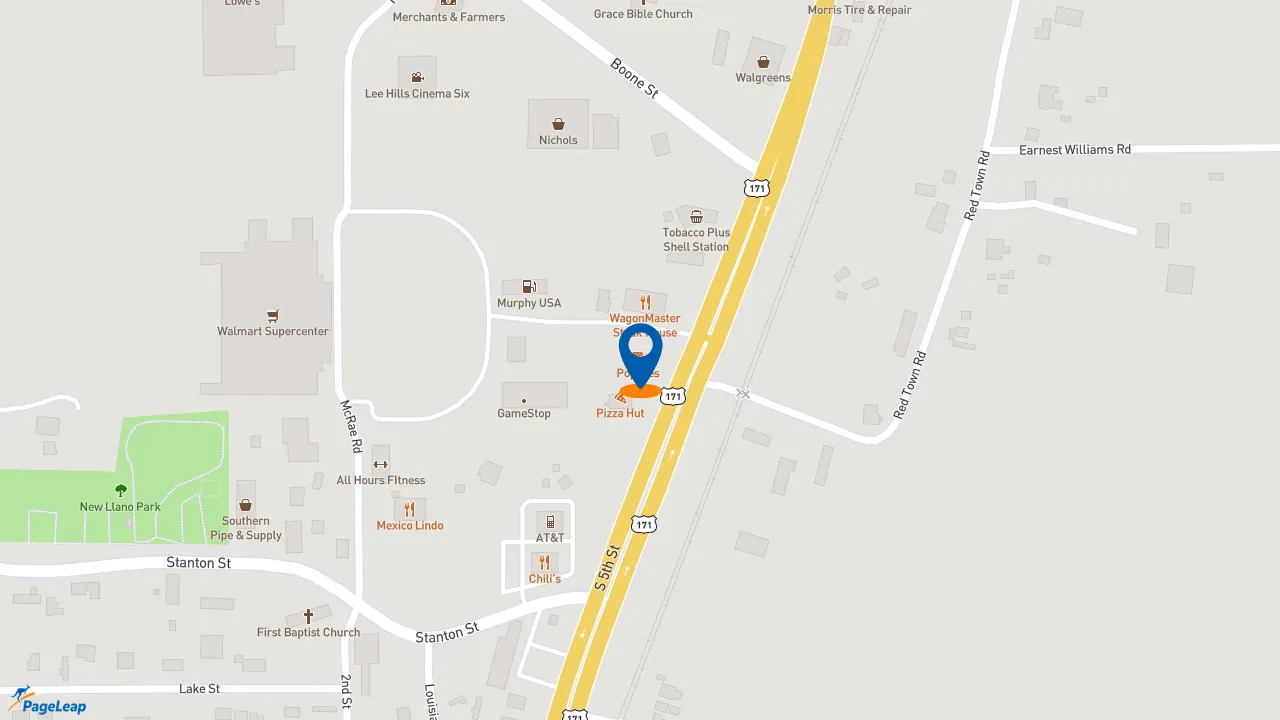 https://pageleap.com map showing location of Popeyes Louisiana Kitchen in Leesville.