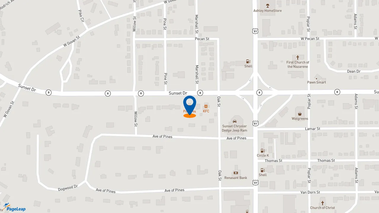 https://pageleap.com map showing location of Popeyes Louisiana Kitchen in Grenada.