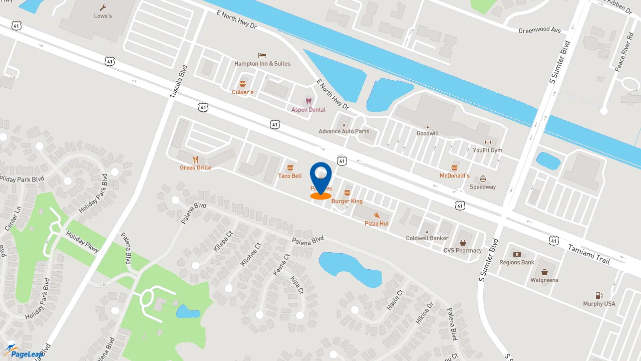 https://pageleap.com map showing location of Popeyes Louisiana Kitchen in North Port.