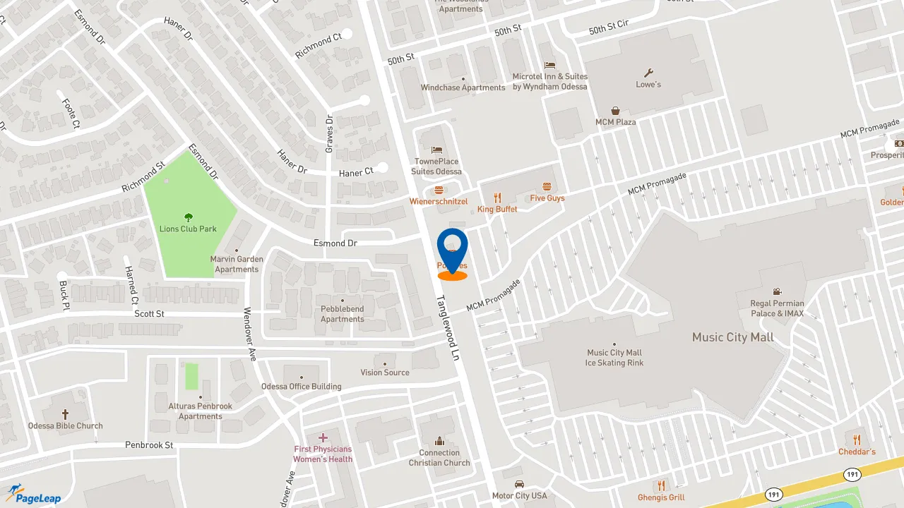 https://pageleap.com map showing location of Popeyes Louisiana Kitchen in Odessa.