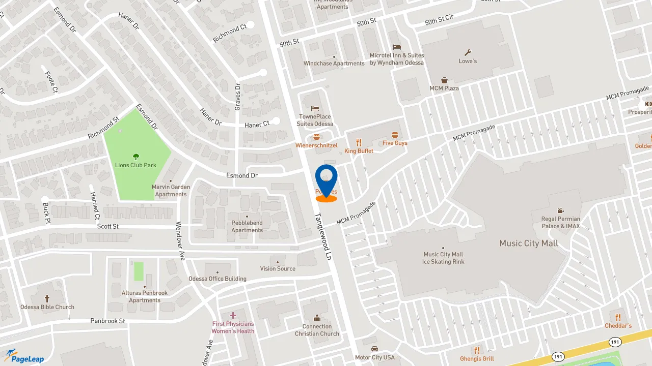 https://pageleap.com map showing location of Popeyes Louisiana Kitchen in Odessa.