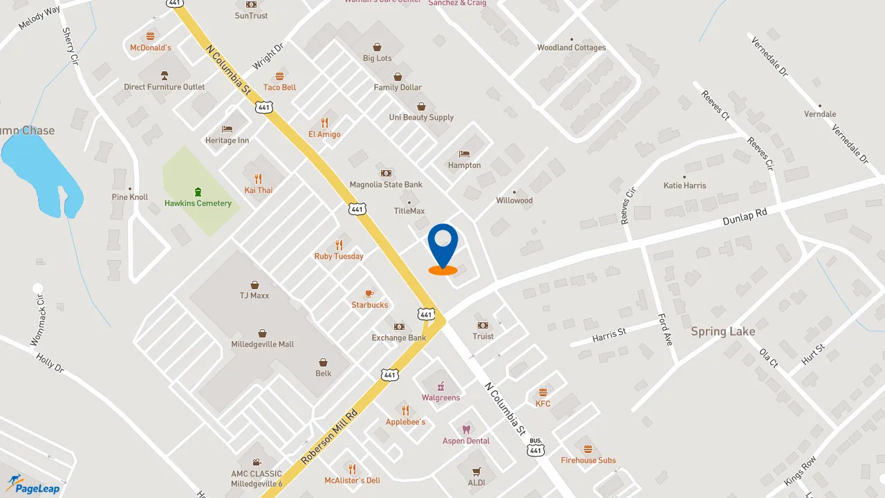 https://pageleap.com map showing location of Popeyes Louisiana Kitchen - Temporarily Closed in Milledgeville.
