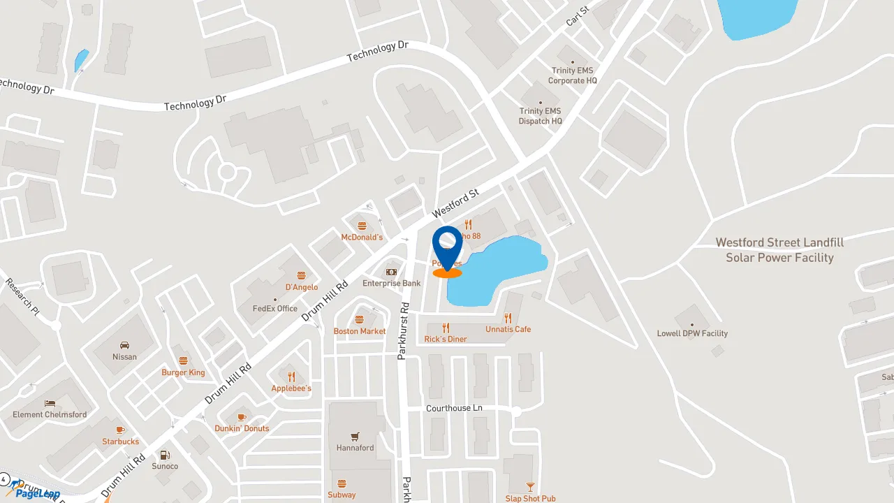 https://pageleap.com map showing location of Popeyes Louisiana Kitchen - Temporarily Closed in Chelmsford.