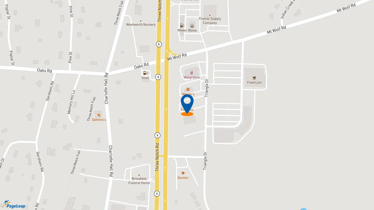 https://pageleap.com map showing location of Popeyes Louisiana Kitchen in Charlotte Hall.