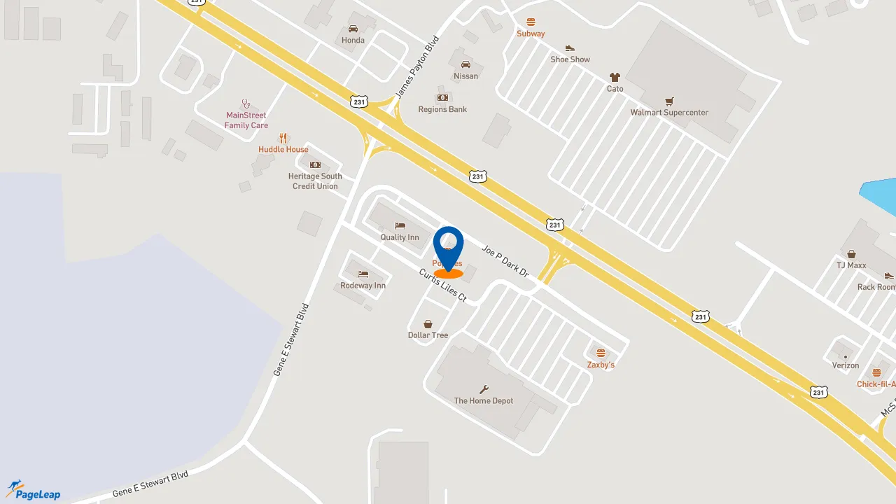 https://pageleap.com map showing location of Popeyes Louisiana Kitchen in Sylacauga.