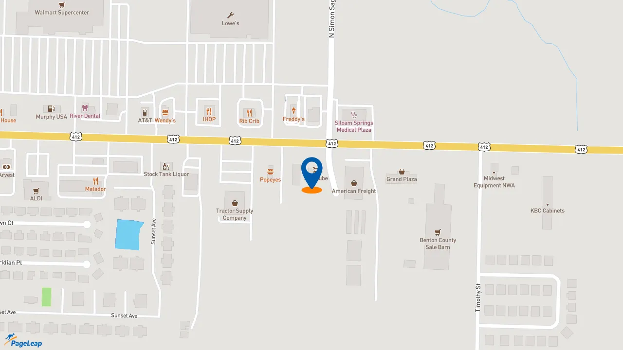 https://pageleap.com map showing location of Popeyes Louisiana Kitchen in Siloam Springs.
