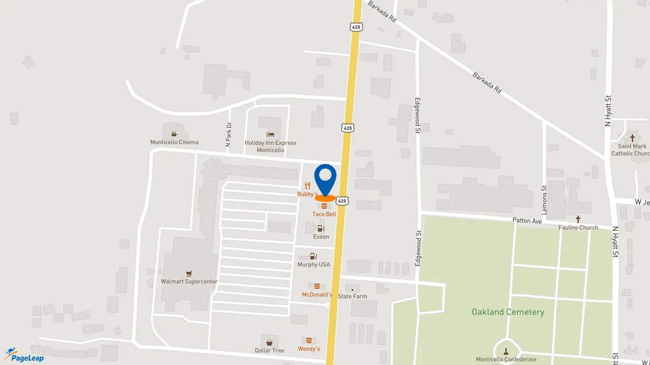 https://pageleap.com map showing location of Popeyes Louisiana Kitchen in Monticello.