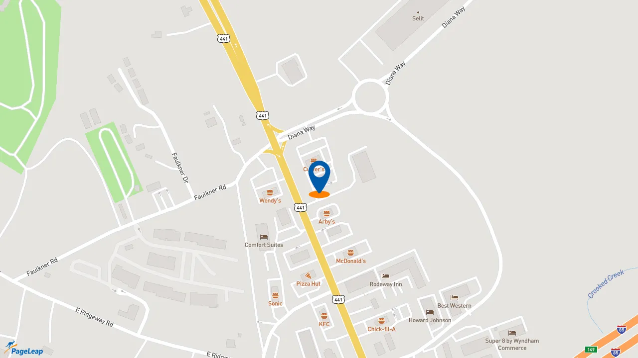 https://pageleap.com map showing location of Popeyes Louisiana Kitchen in Commerce.