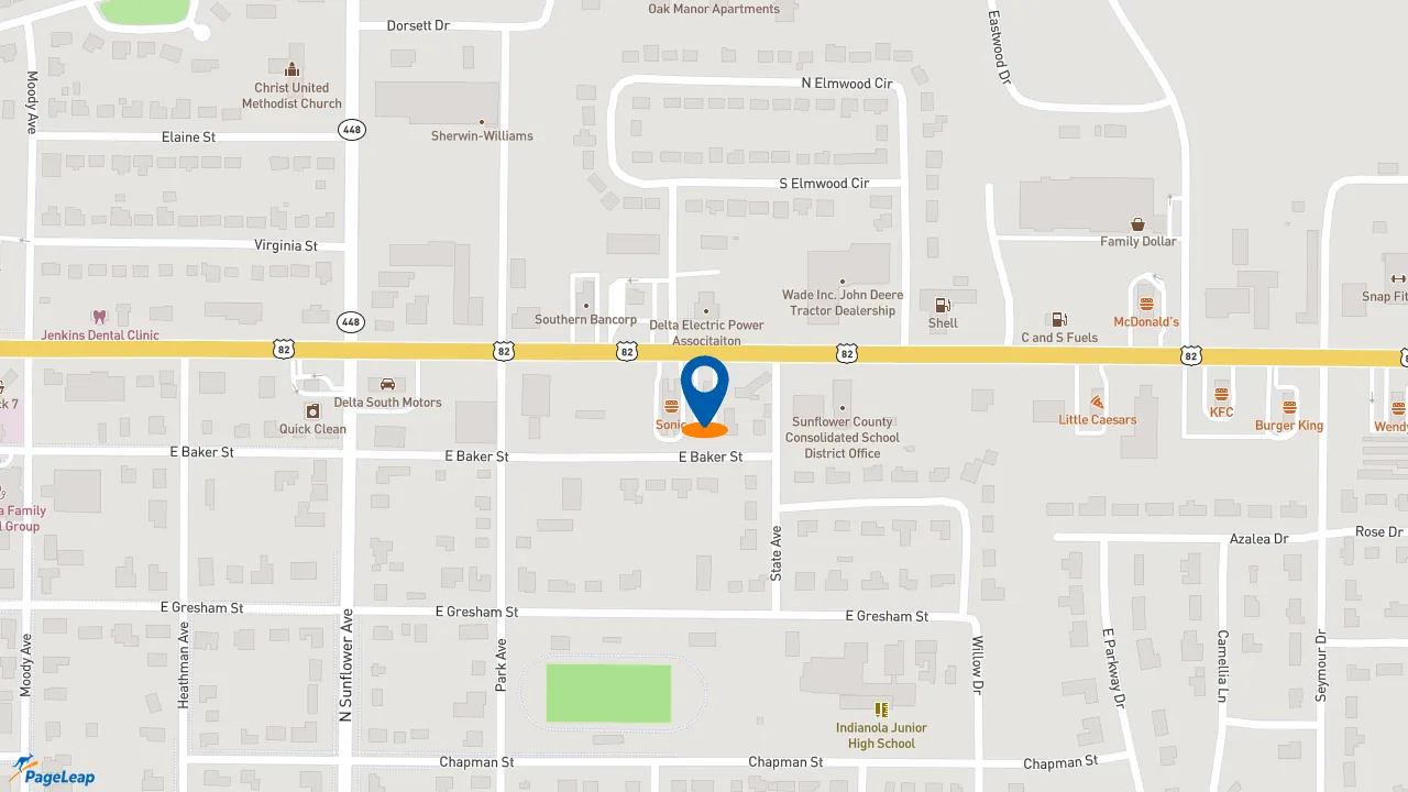 https://pageleap.com map showing location of Popeyes Louisiana Kitchen in Indianola.