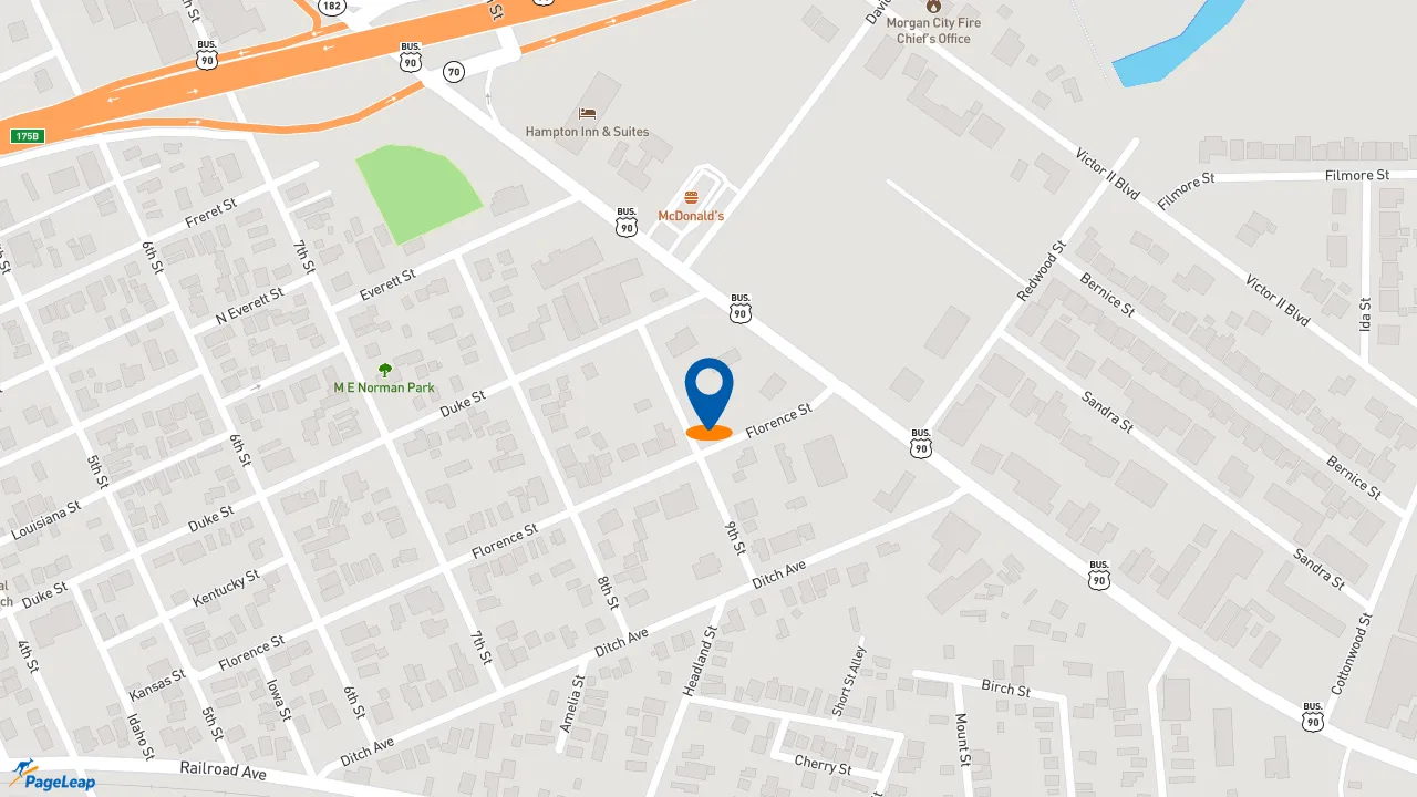 https://pageleap.com map showing location of Popeyes Louisiana Kitchen in Morgan City.
