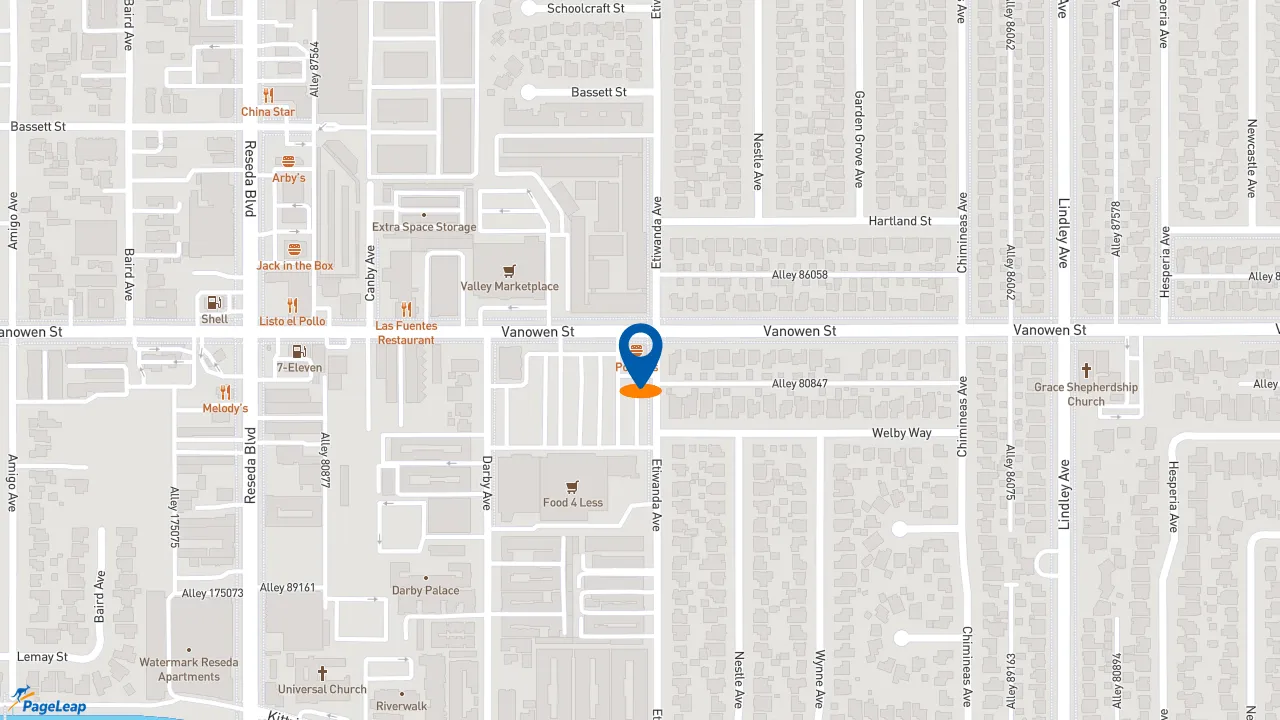 https://pageleap.com map showing location of Popeyes Louisiana Kitchen in Los Angeles.