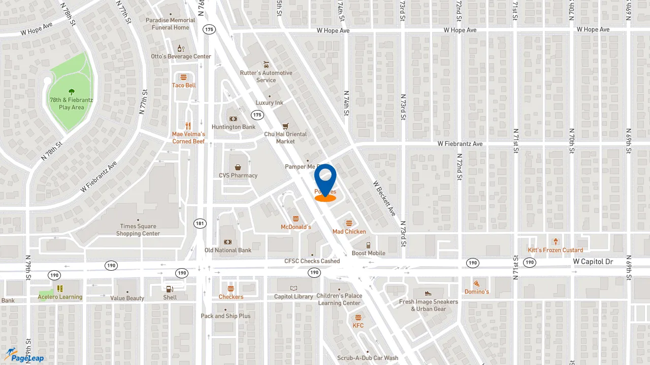 https://pageleap.com map showing location of Popeyes Louisiana Kitchen in Milwaukee.