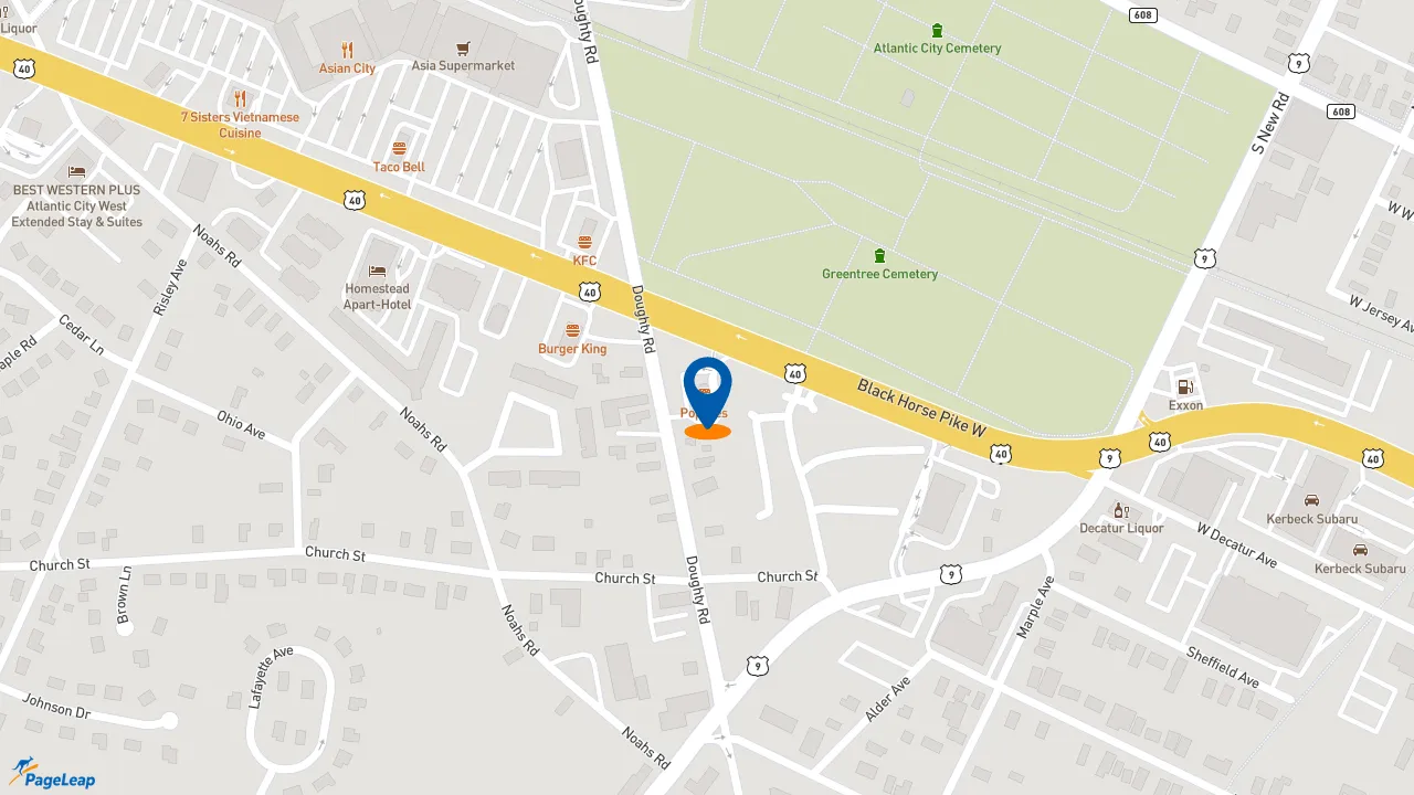 https://pageleap.com map showing location of Popeyes Louisiana Kitchen in Pleasantville.