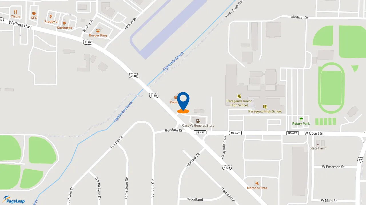 https://pageleap.com map showing location of Popeyes Louisiana Kitchen in Paragould.