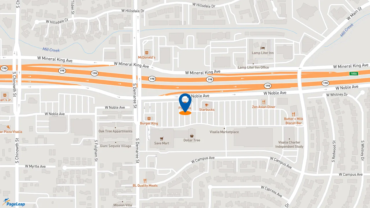 https://pageleap.com map showing location of Popeyes Louisiana Kitchen in Visalia.