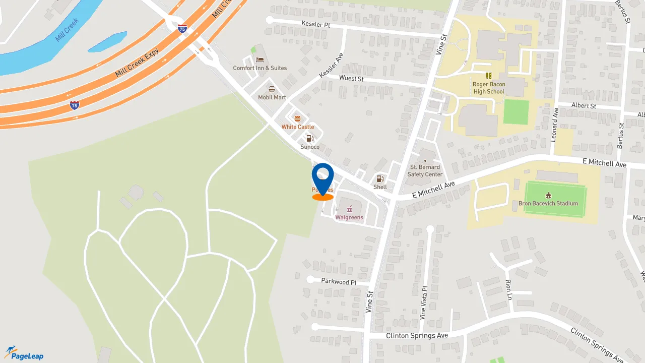 https://pageleap.com map showing location of Popeyes Louisiana Kitchen in Cincinnati.