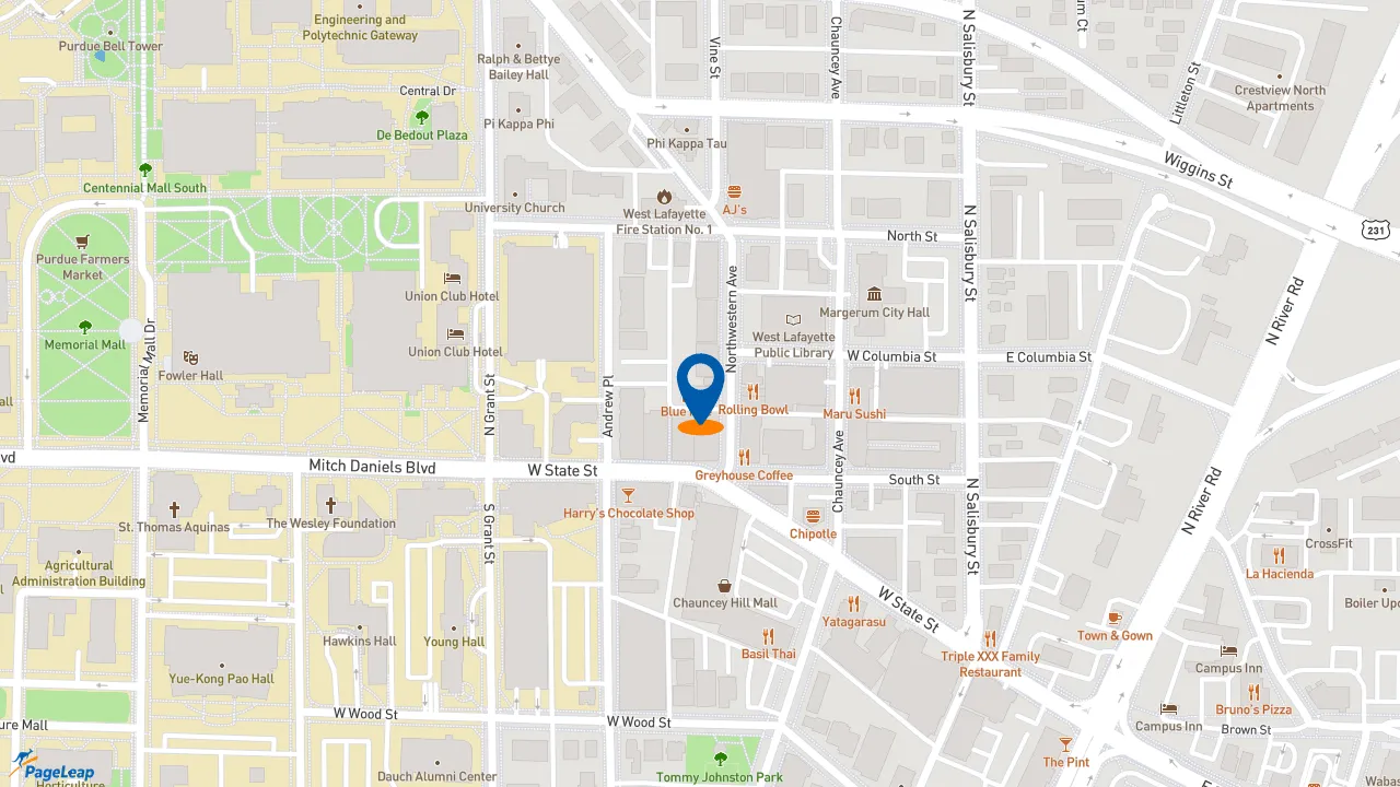 https://pageleap.com map showing location of Potbelly in West Lafayette.