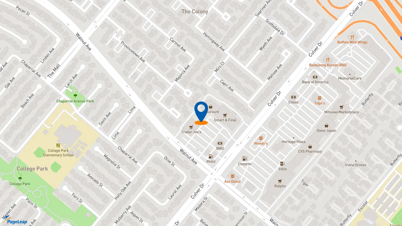 https://pageleap.com map showing location of Potbelly Sandwich Shop in Irvine.