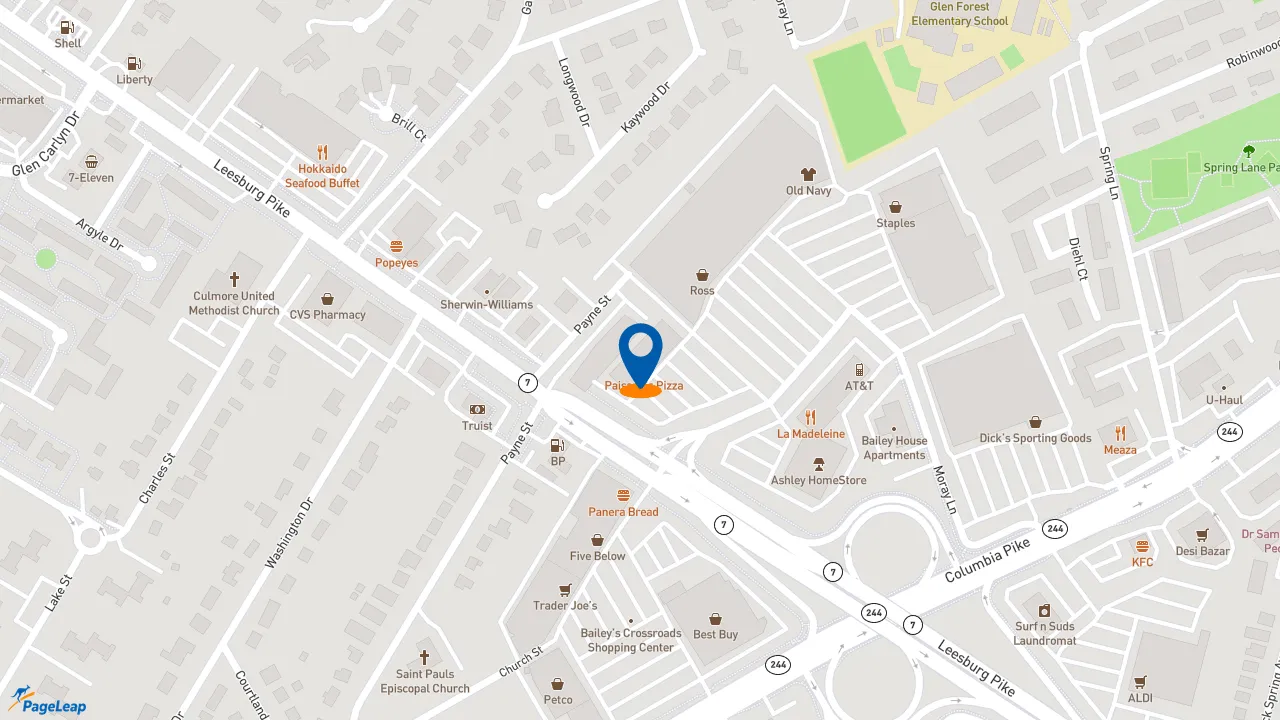 https://pageleap.com map showing location of QDOBA Mexican Eats in Falls Church.
