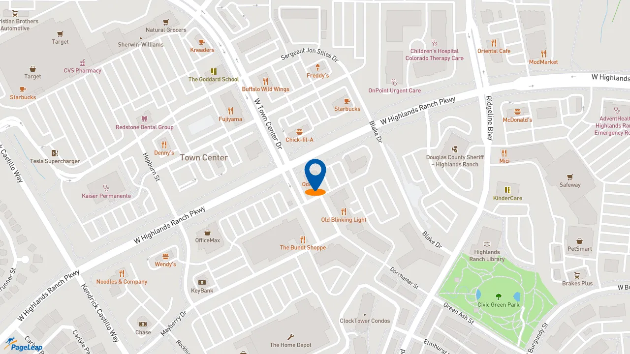 https://pageleap.com map showing location of QDOBA Mexican Eats in Highlands Ranch.