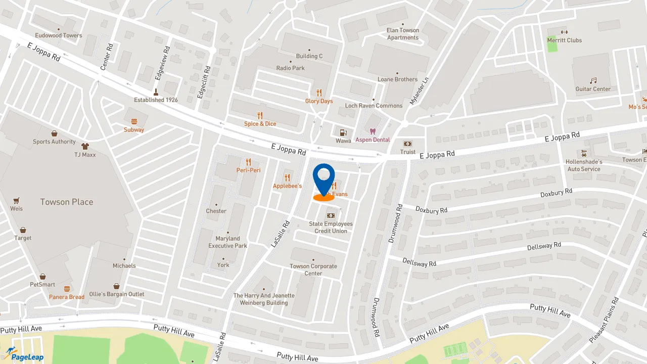 https://pageleap.com map showing location of QDOBA Mexican Eats in Towson.