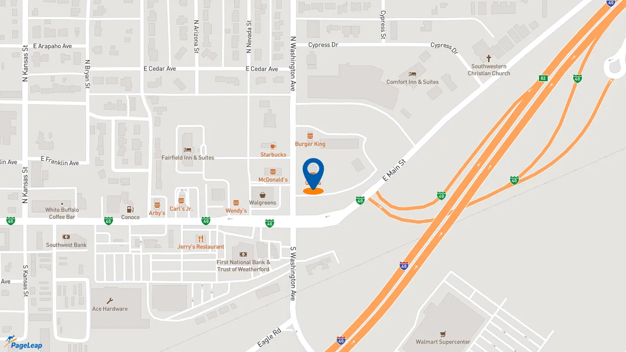 https://pageleap.com map showing location of QDOBA Mexican Eats in Weatherford.