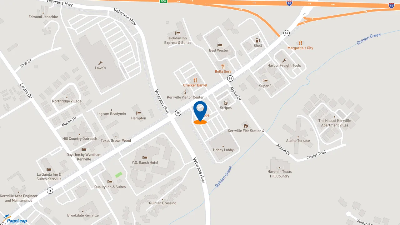 https://pageleap.com map showing location of QDOBA Mexican Eats in Kerrville.