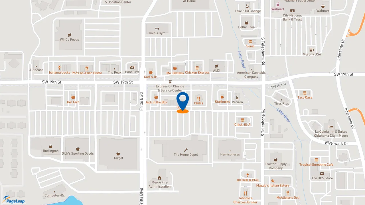 https://pageleap.com map showing location of QDOBA Mexican Eats in Moore.