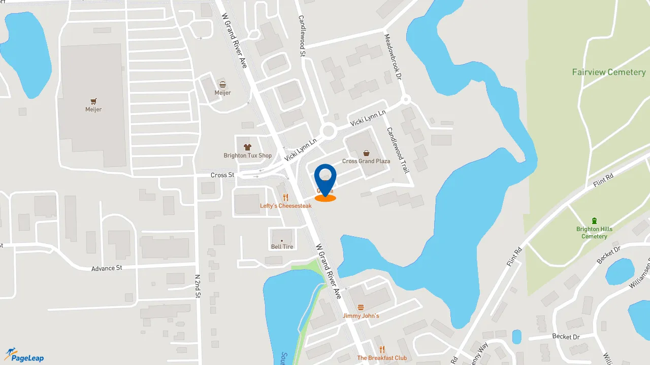 https://pageleap.com map showing location of QDOBA Mexican Eats in Brighton.