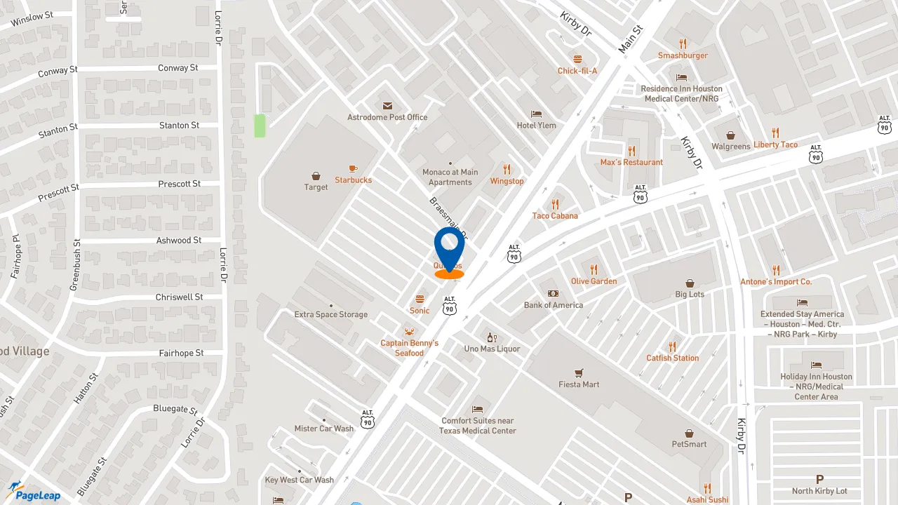 https://pageleap.com map showing location of Quiznos in Houston.