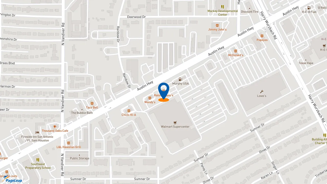 https://pageleap.com map showing location of Raising Cane&#039;s Chicken Fingers in San Antonio.