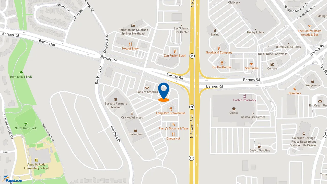 https://pageleap.com map showing location of Raising Cane&#039;s Chicken Fingers in Colorado Springs.