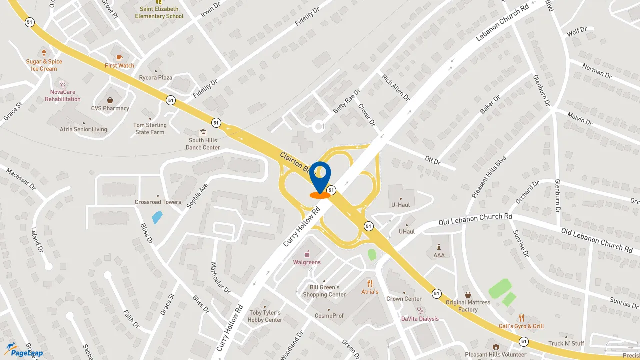 https://pageleap.com map showing location of Raising Cane&#039;s Chicken Fingers in Pleasant Hills.