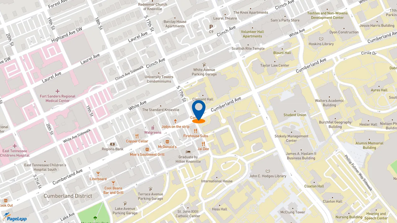 https://pageleap.com map showing location of Raising Cane&#039;s Chicken Fingers in Knoxville.