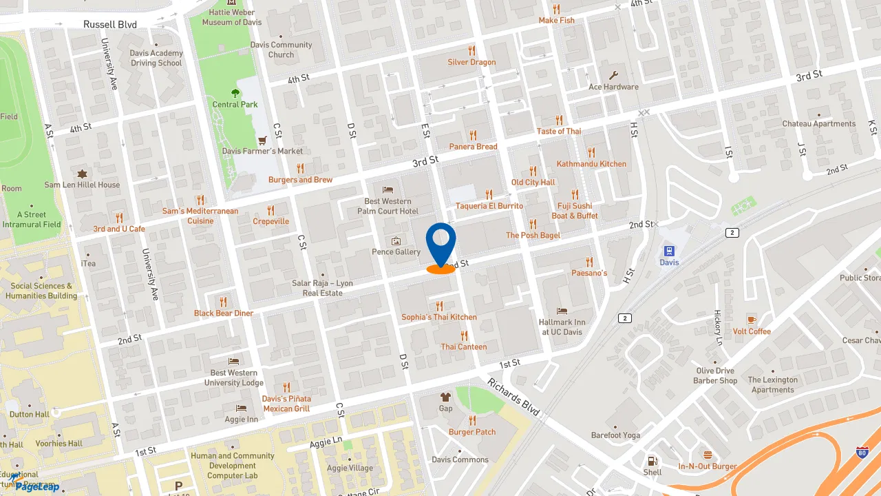 https://pageleap.com map showing location of Raising Cane&#039;s Chicken Fingers in Davis.