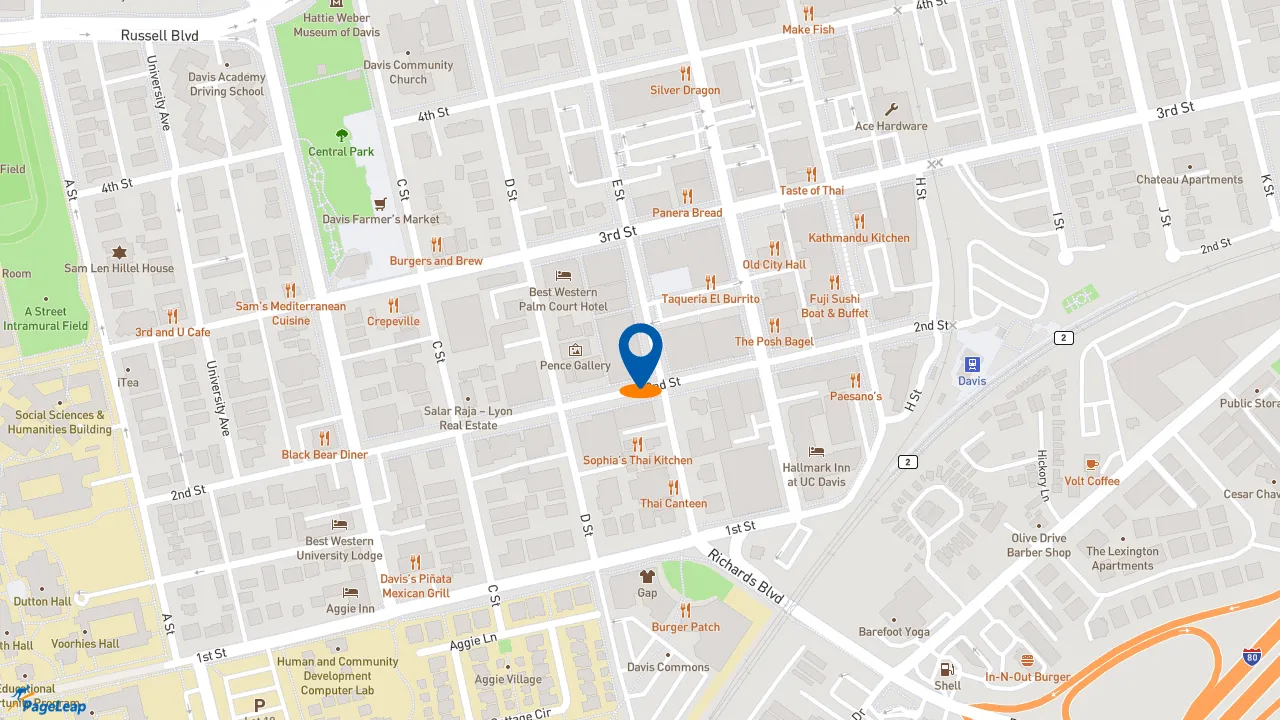 https://pageleap.com map showing location of Raising Cane&#039;s Chicken Fingers in Davis.