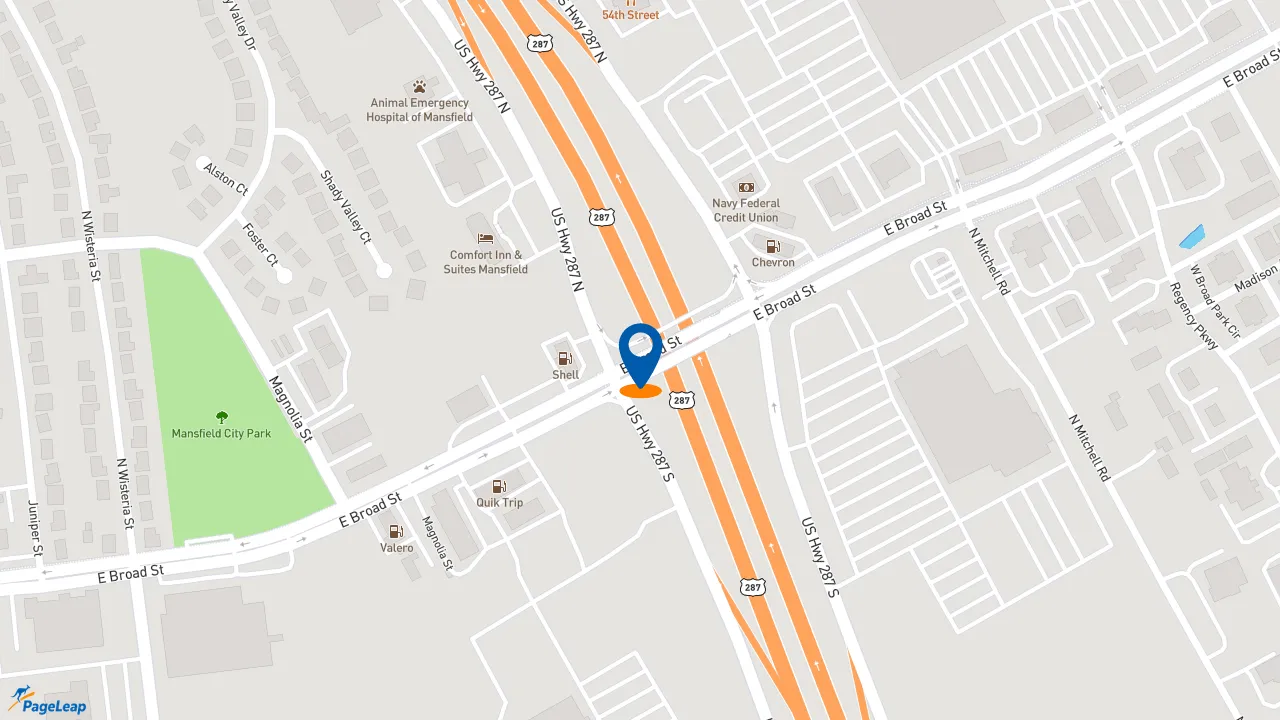 https://pageleap.com map showing location of Raising Cane&#039;s Chicken Fingers in Mansfield.